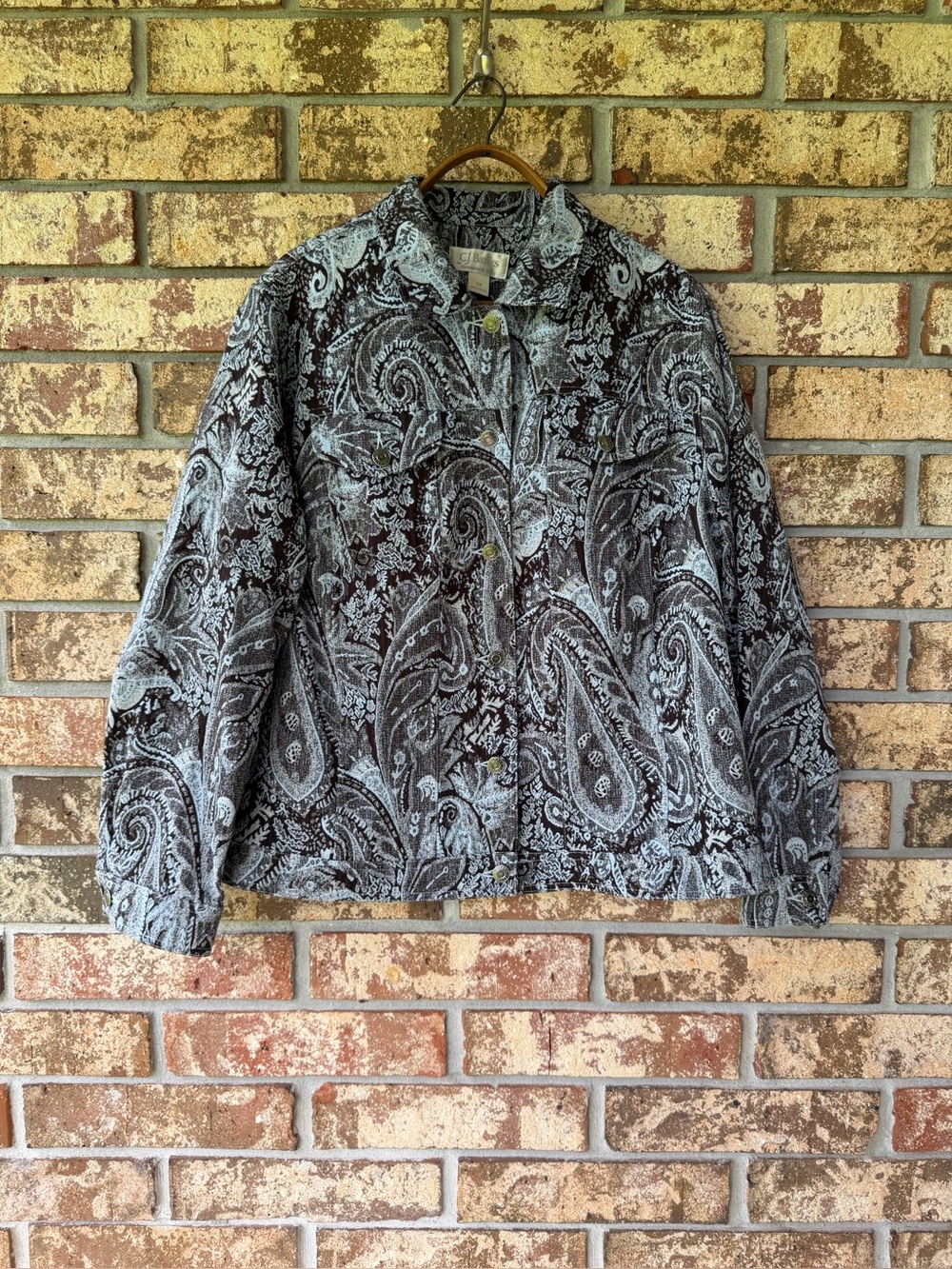CJ Banks Paisley Trucker Jacket Women’s Size 1X Chocolate & Aqua Beautiful!